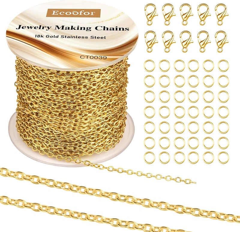 Ecoofor 33 Ft 18K Gold Stainless Steel O-Shaped Chain Roll for DIY Jewelry Making - 2mm Width Gold Plated Chain with Jump Rings & Lobster Clasps - Image 1
